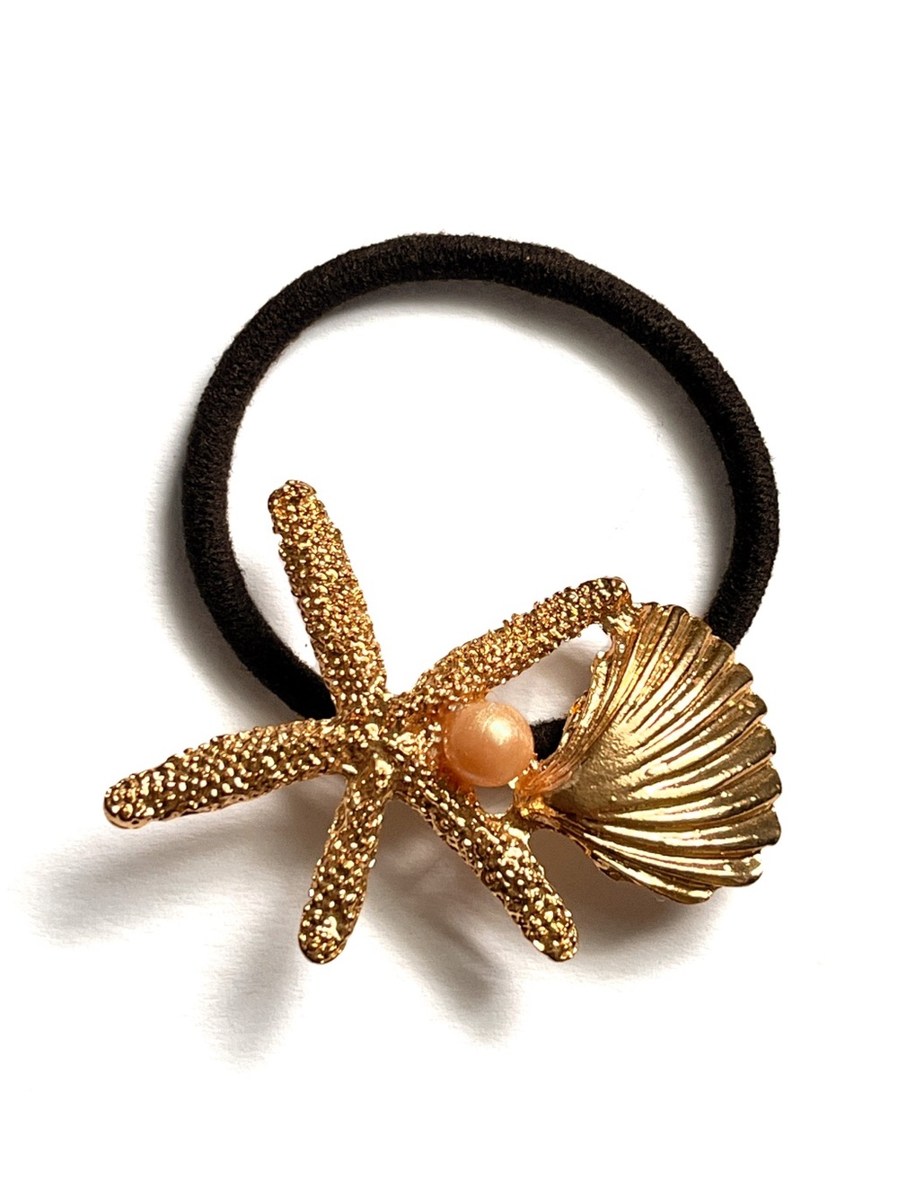 Metal Seashell, Starfish & Pearl Elastic Ponytail Holder Gold Tone Long Hair Tie